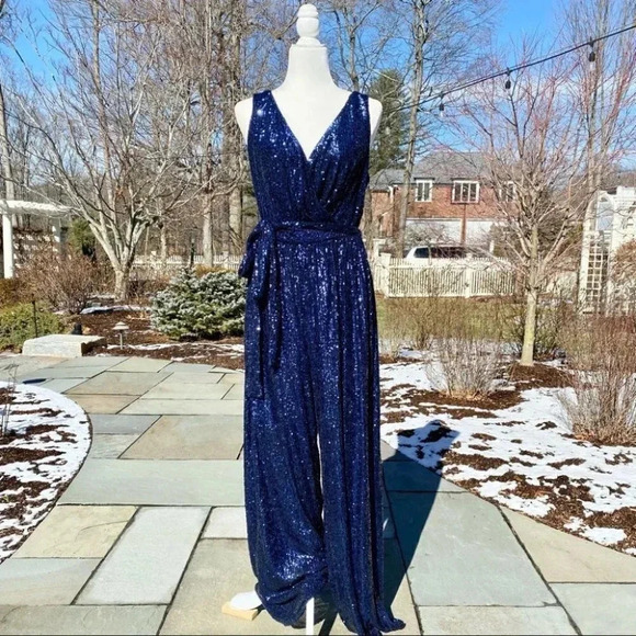 NWT BHLDN Sachin and Babi Somers Sequin Wide Leg Wedding Jumpsuit Party in Blue - Picture 9 of 17
